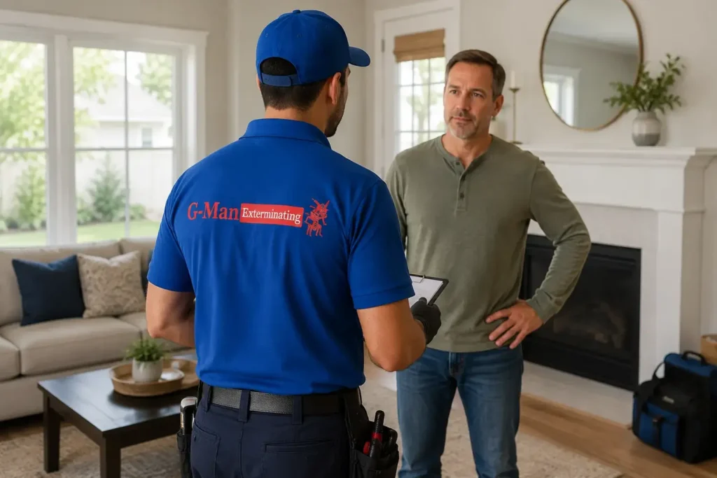 pest control worker listens the issue in resident