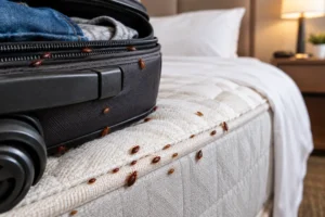 Bed bugs crawling along a mattress seam beside an open suitcase in a hotel room